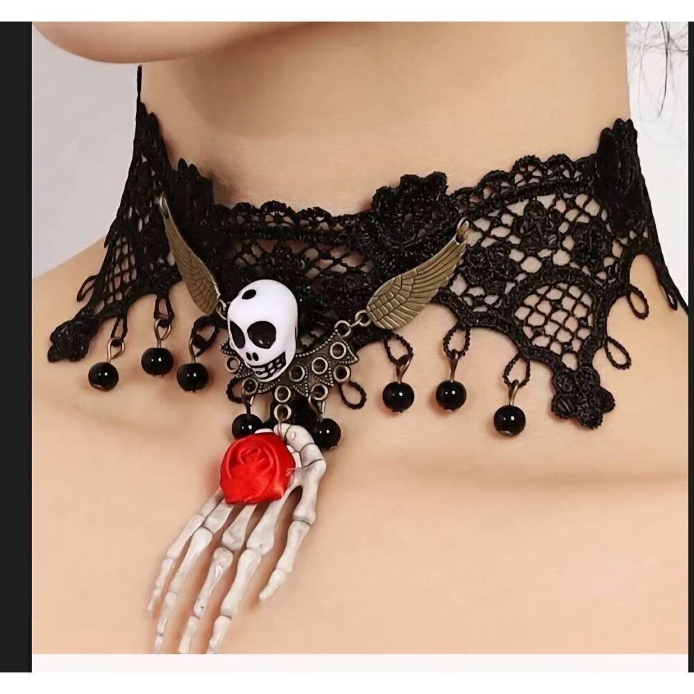 Jacobson Hat Halloween Black Lace Choker With Skeleton Hand